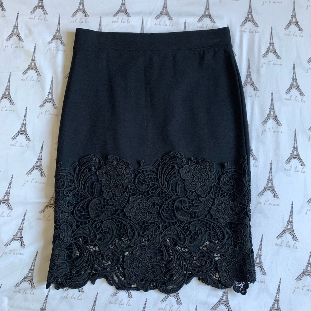 HAUTE MONDE LACE DETAIL BLACK MIDI PENCIL SKIRT SIZE M